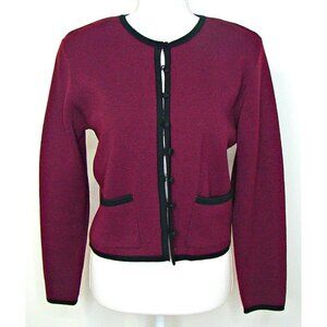 Liz Claiborne Burgundy Black Trim Cardigan Short Sweater Wool Blend Pockets SP